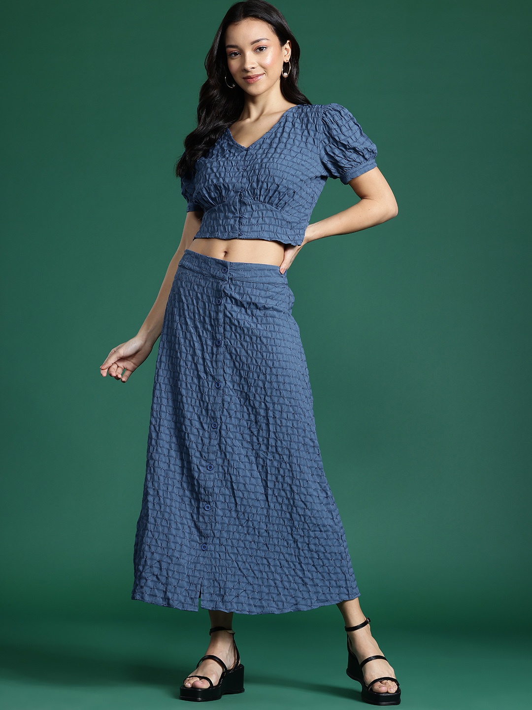 

DressBerry Textured Top With Skirt Co-Ord Set, Blue