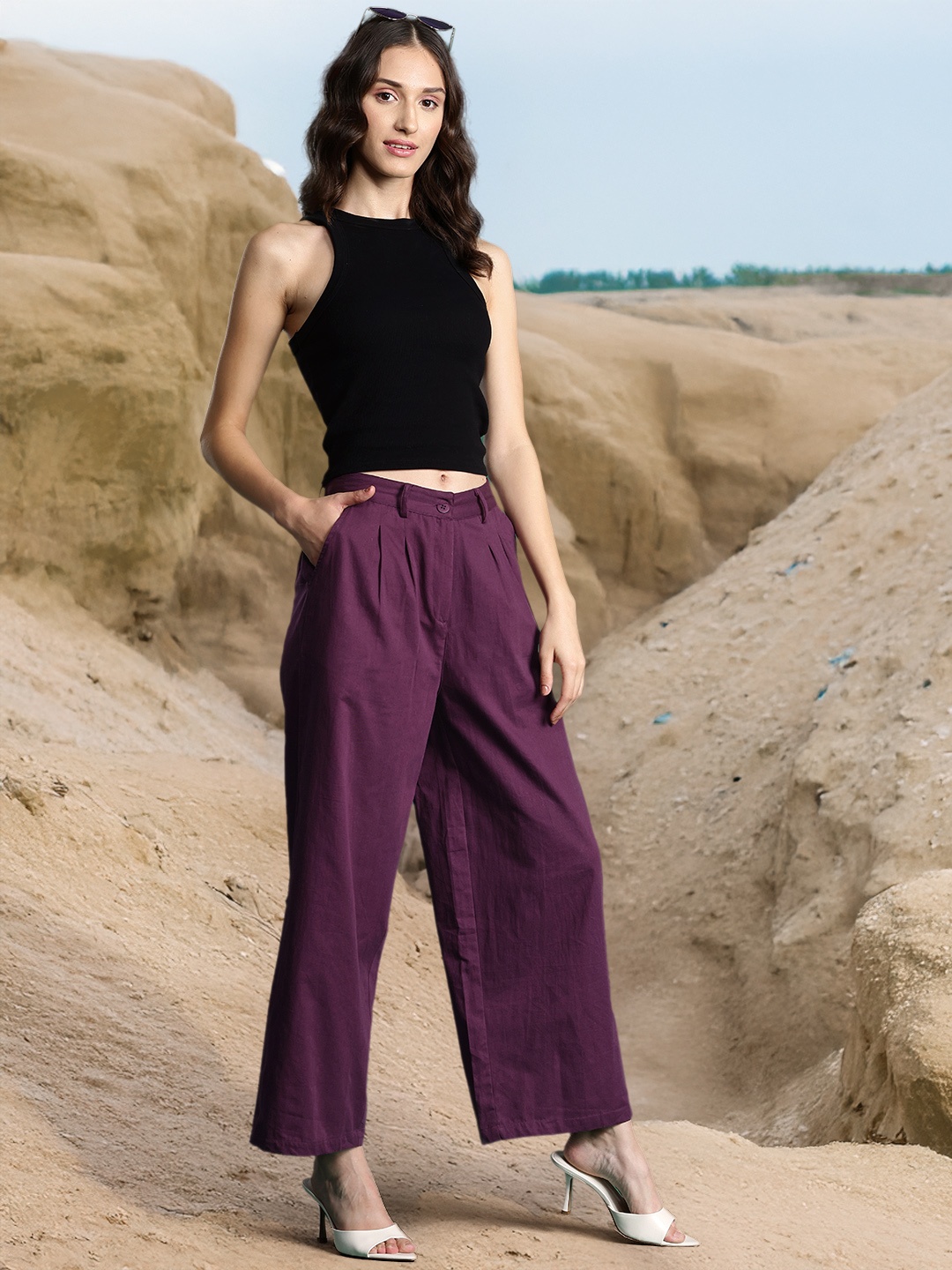 

DressBerry Bizwear Women Pure Cotton High-Rise Pleated Trousers, Purple
