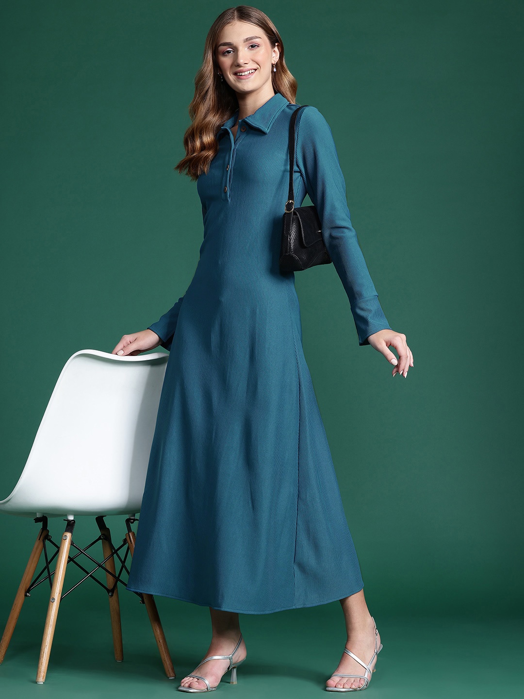 

DressBerry Bizwear Ribbed Shirt Collar Maxi Dress, Blue