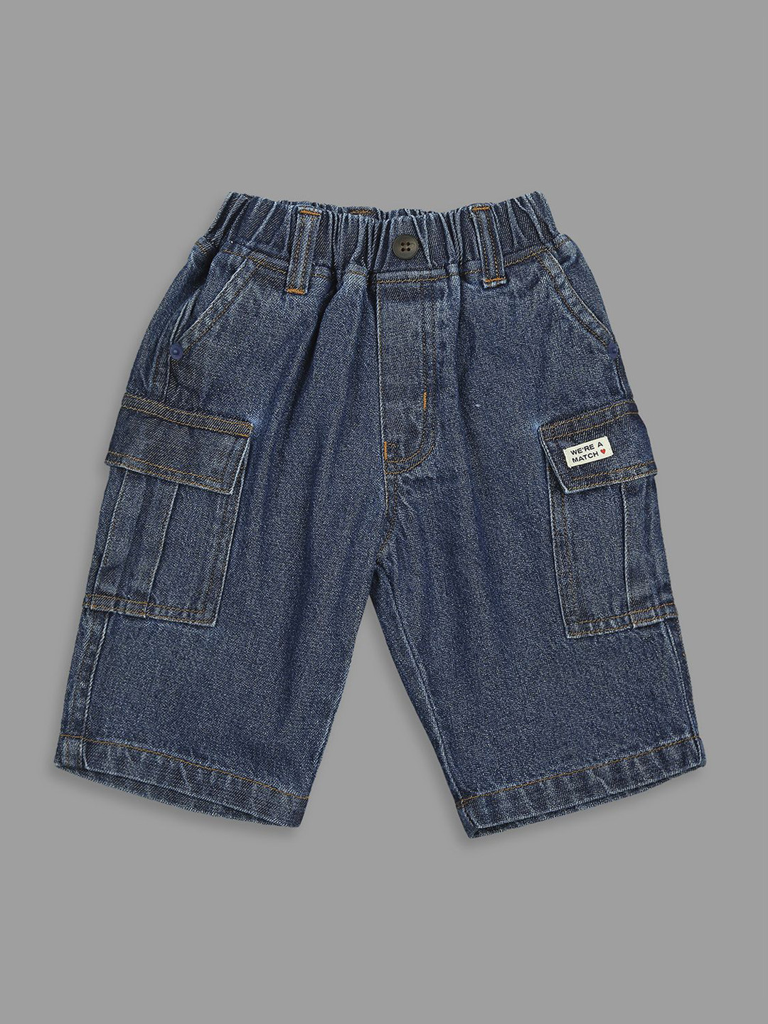 

Actuel Boys Mid-Rise Knee Length Regular Fit Pure Cotton Denim Cargo Shorts, Blue