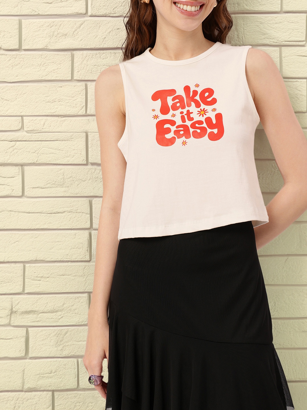 

Cute Girly Charm Typography Printed Sleeveless Crop T-shirt, White