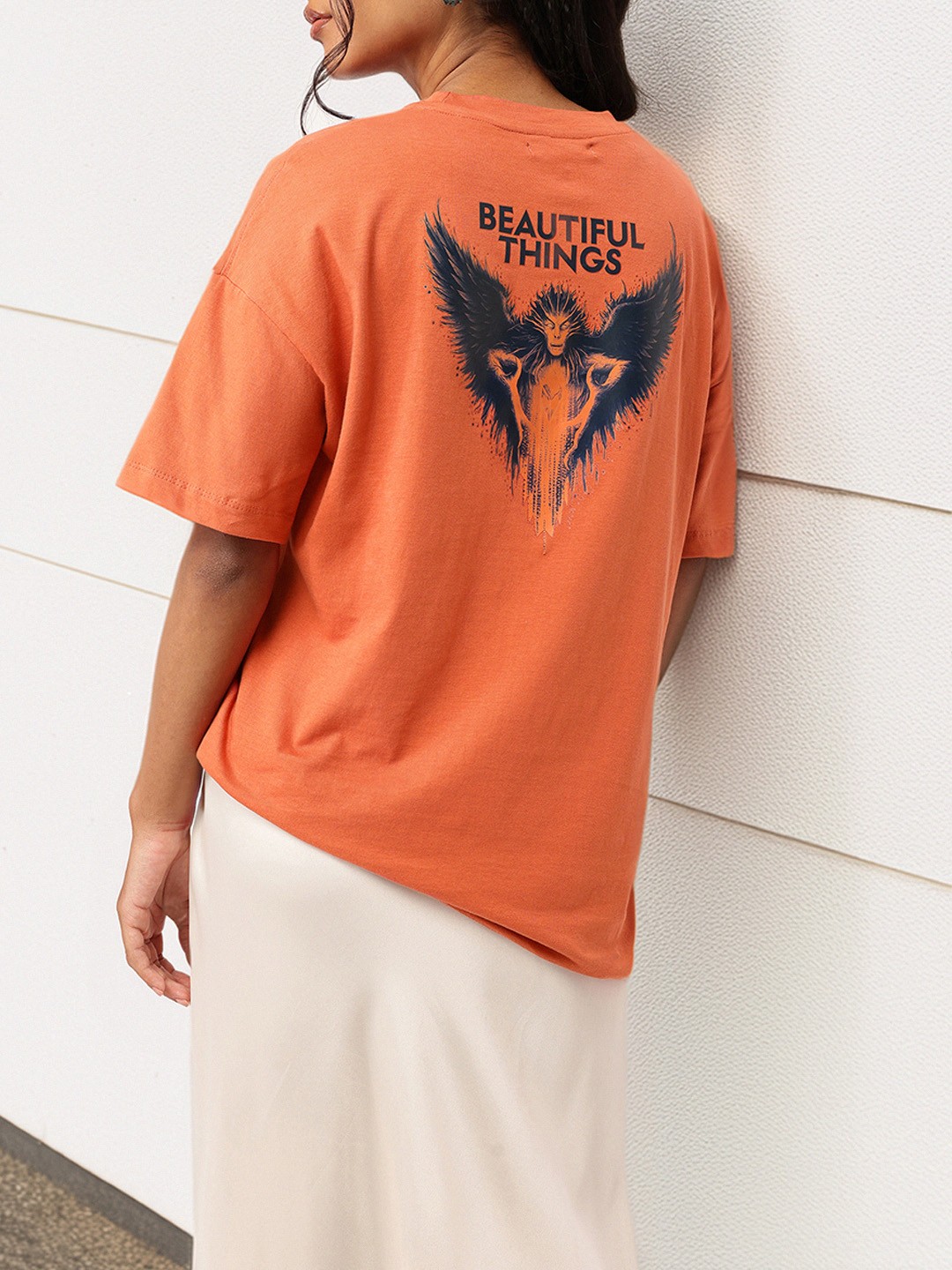 

DressBerry Soft Charming Edge Graphic Printed Oversized T-shirt, Rust