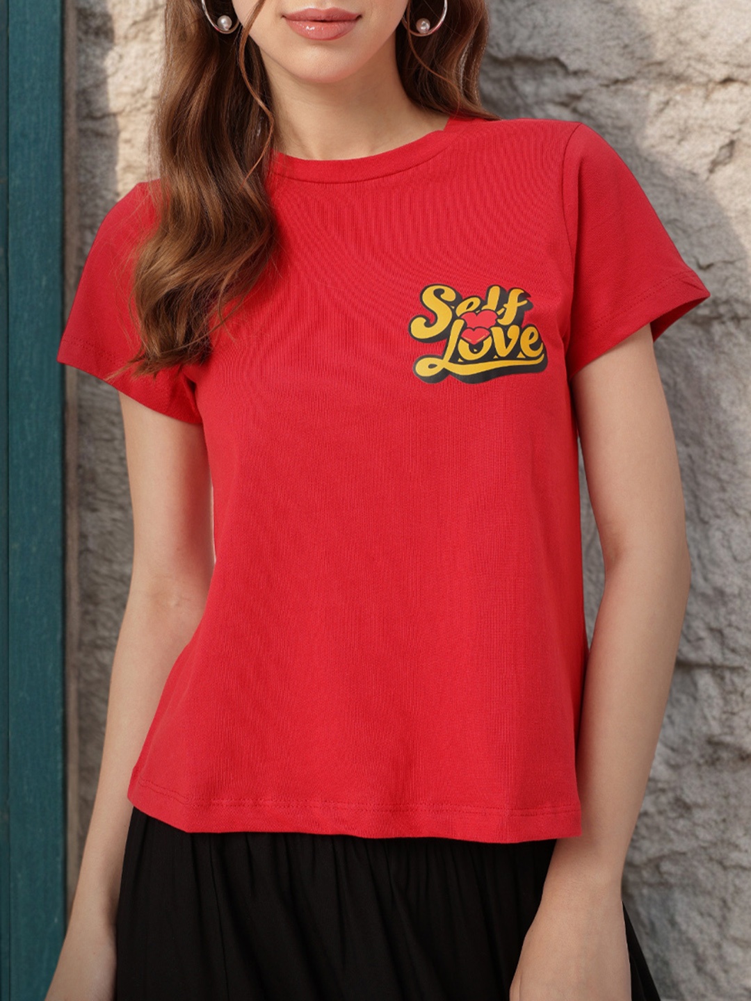 

DressBerry Feminine Redefine Self-Love Printed T-shirt, Red
