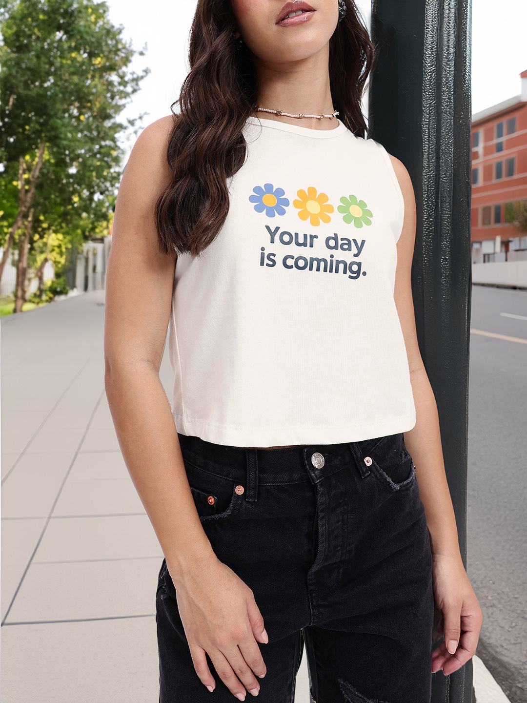 

DressBerry Patience Pays Off Sleeveless Pure Cotton Crop T-shirt, White