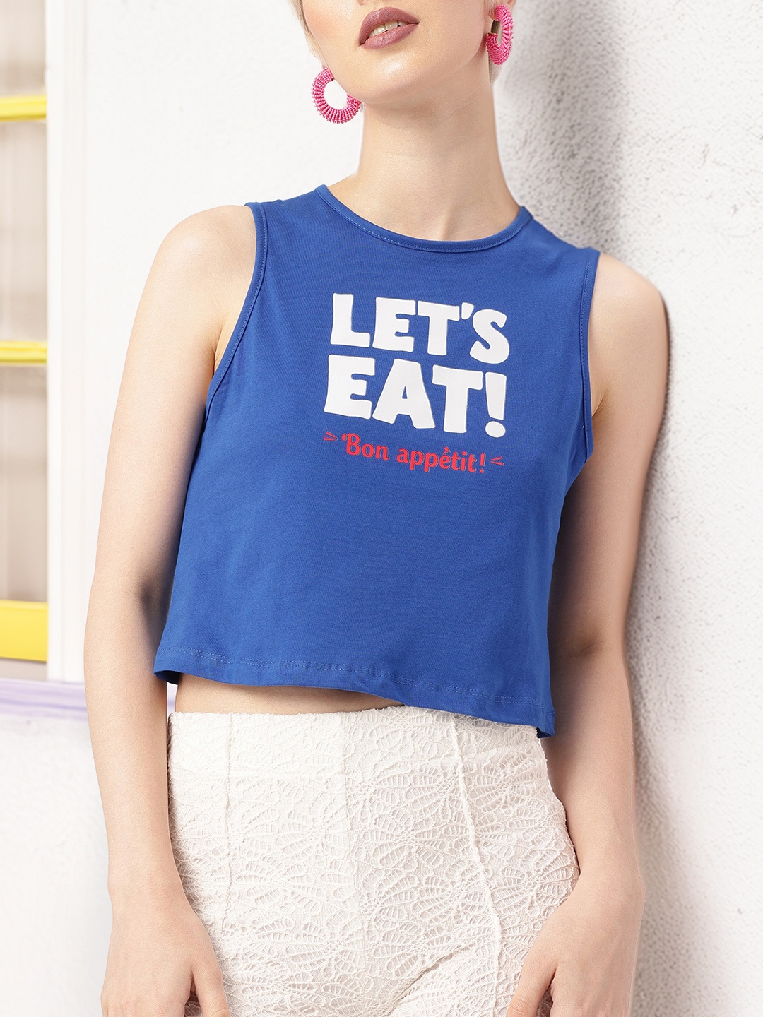 

DressBerry Eat Up, Grunge Out Printed Sleeveless Crop T-shirt, Blue