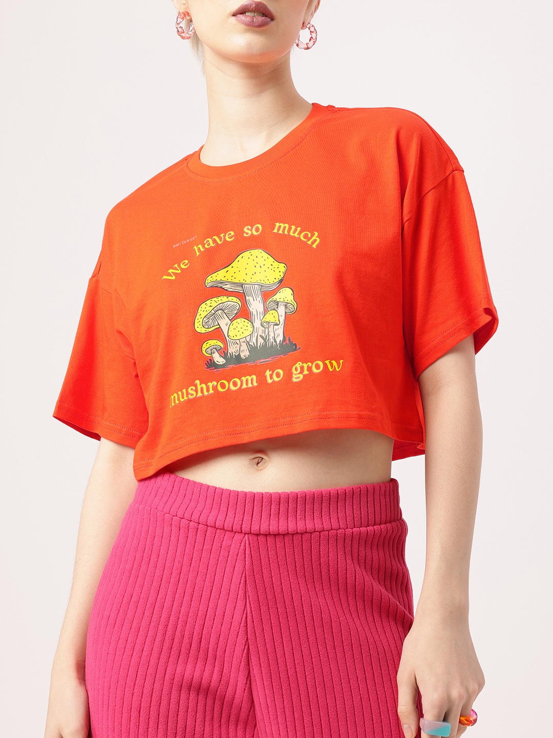 

DressBerry Bright And Cute Mushroom Delight Printed Boxy Crop T-shirt, Orange