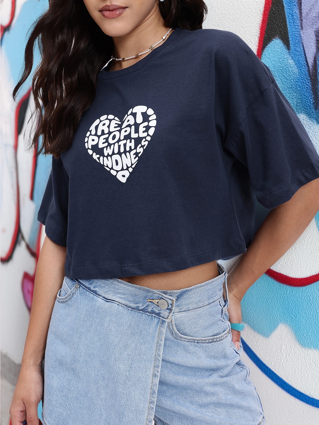 

DressBerry Promoting Positive Message Printed Pure Cotton Boxy Crop T-shirt, Navy blue