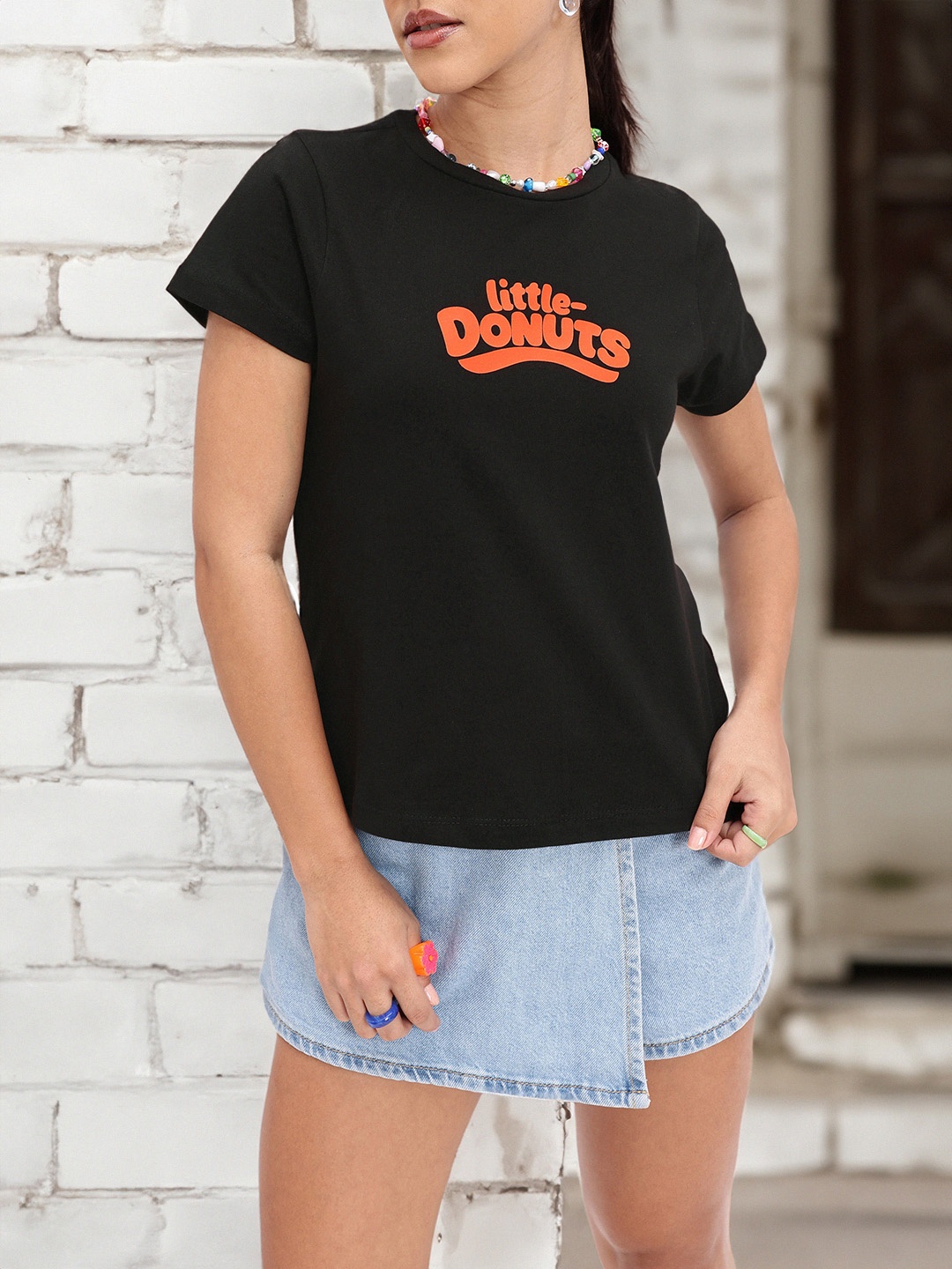 

DressBerry Quirky Donuts Fun Printed T-shirt, Black