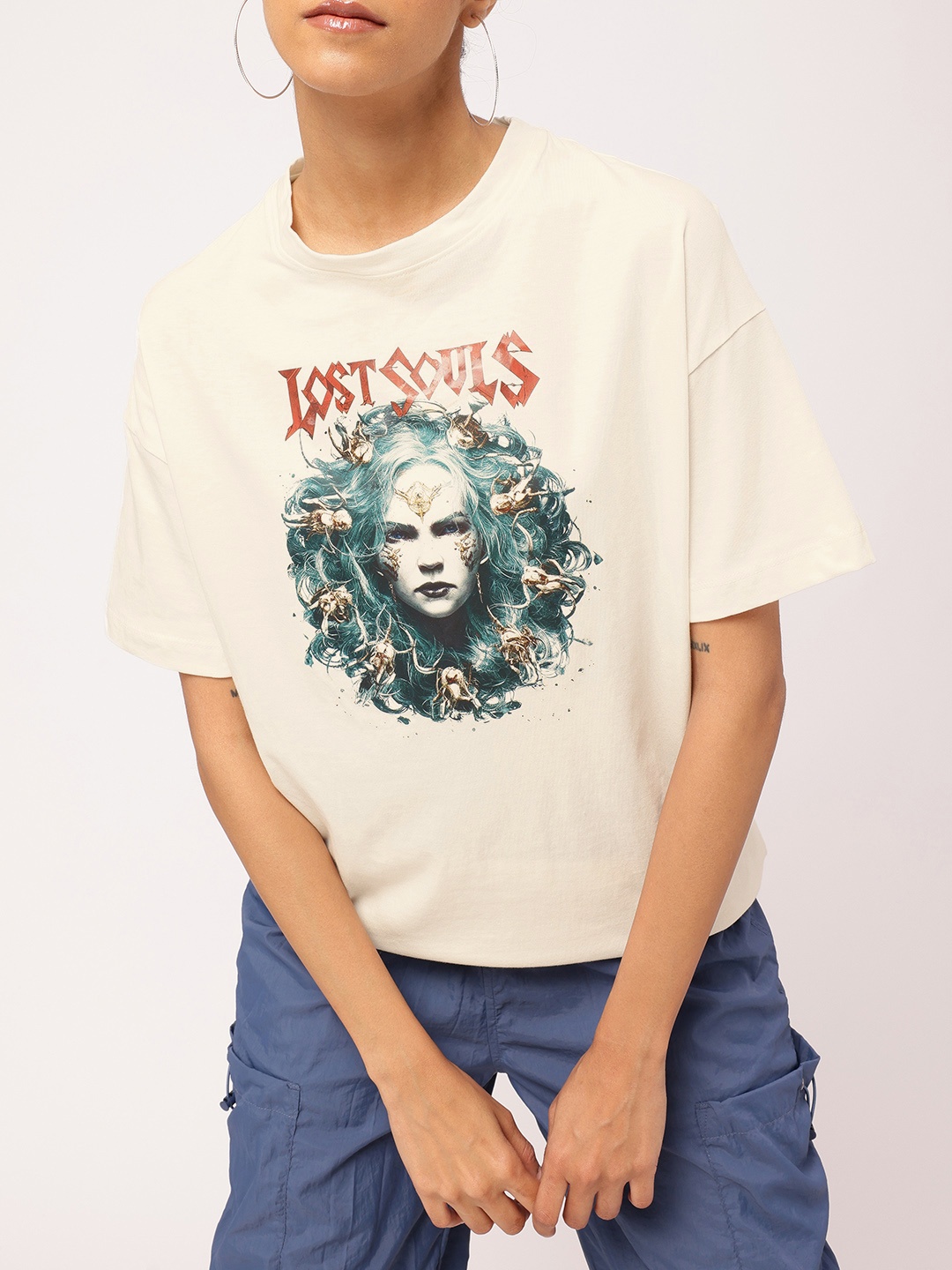 

DressBerry Dark Grunge Twist Graphic Printed Oversized T-shirt, Off white