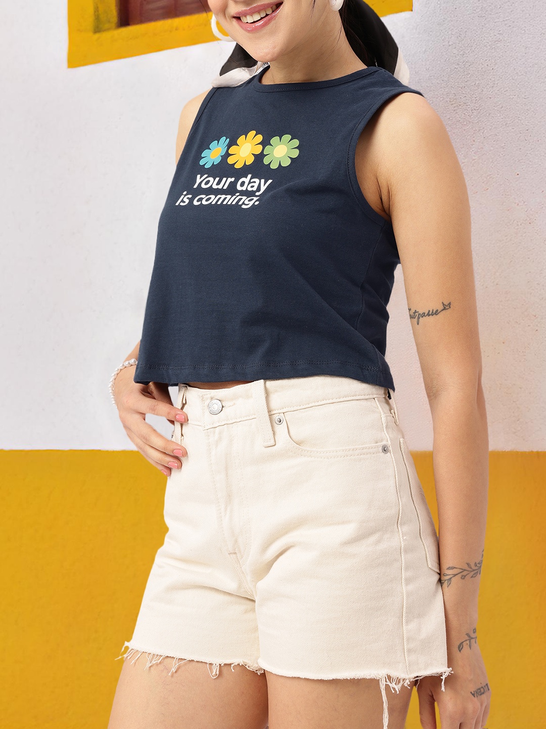 

DressBerry Feminine Better Days Ahead Printed Sleeveless Crop T-shirt, Navy blue