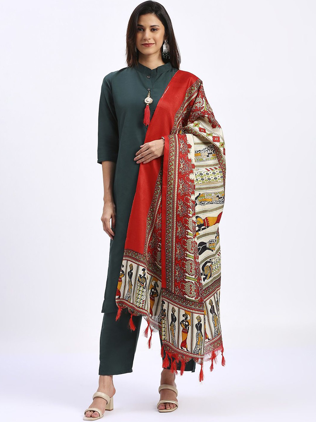 

BAESD Mandarin Collar Straight Kurta with Trousers & Dupatta, Green