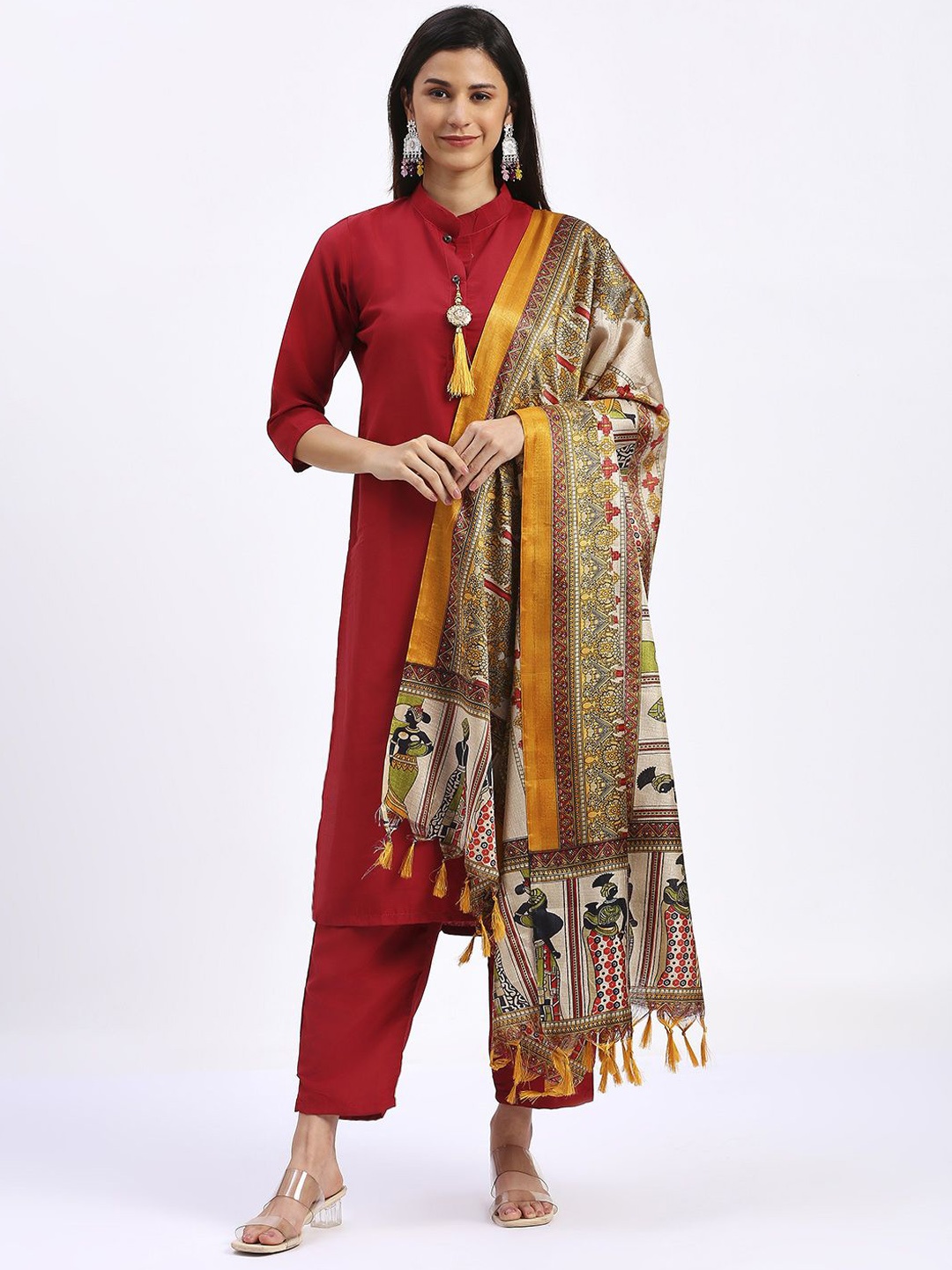 

BAESD Band Collar Mandarin Collar Kurta with Trousers & Dupatta, Maroon