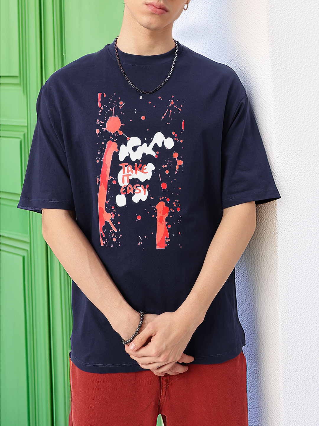 

Kook N Keech Grunge Take it Easy, Live Light Printed Oversized T-shirt, Navy blue