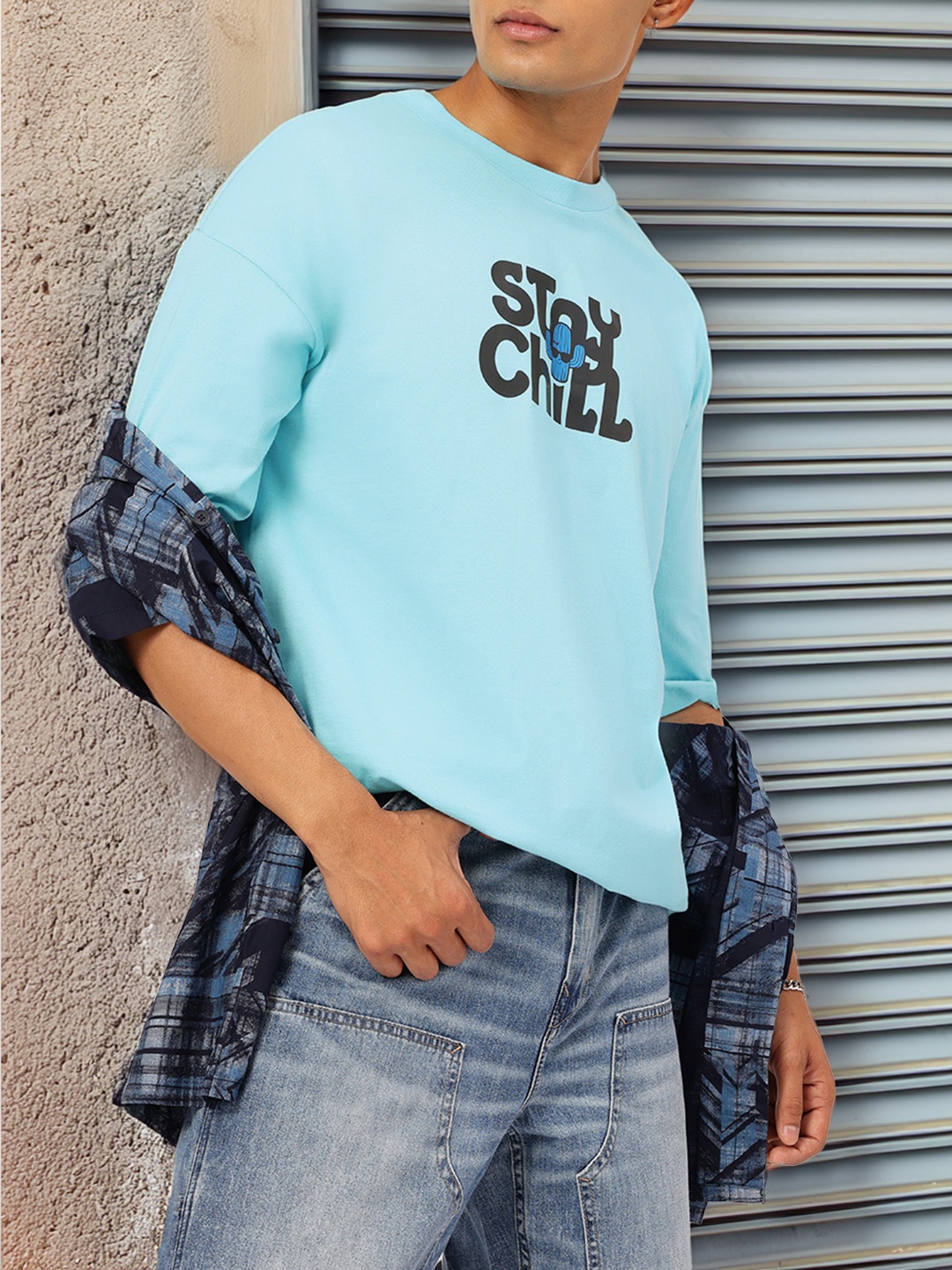 

Kook N Keech Modern Minimalist Drop-Shoulder Sleeves Oversized T-shirt, Blue