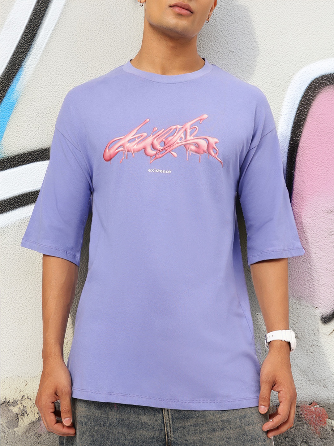 

Kook N Keech Effortless Cool Typography Print Drop-Shoulder Sleeves Oversized T-shirt, Purple