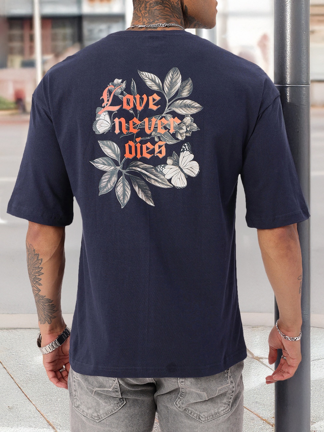 

Kook N Keech Grunge Eternal Connection Printed Oversized T-shirt, Navy blue