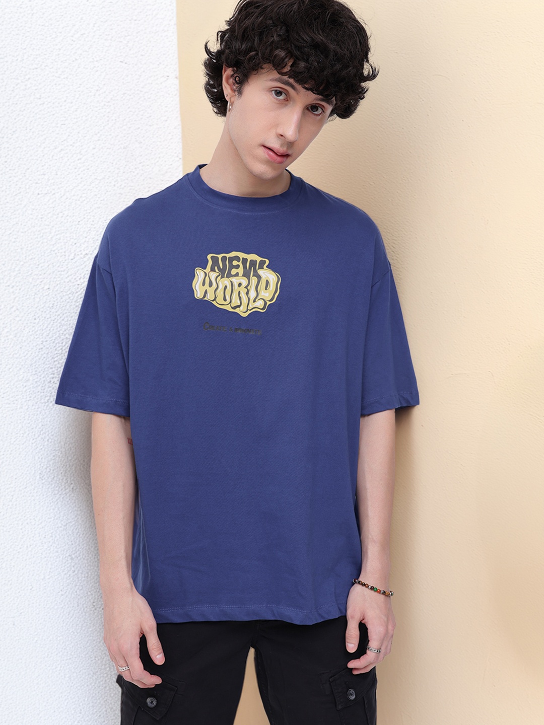 

Kook N Keech Edgy Appeal Typography Printed Pure Cotton Oversized T-Shirt, Blue