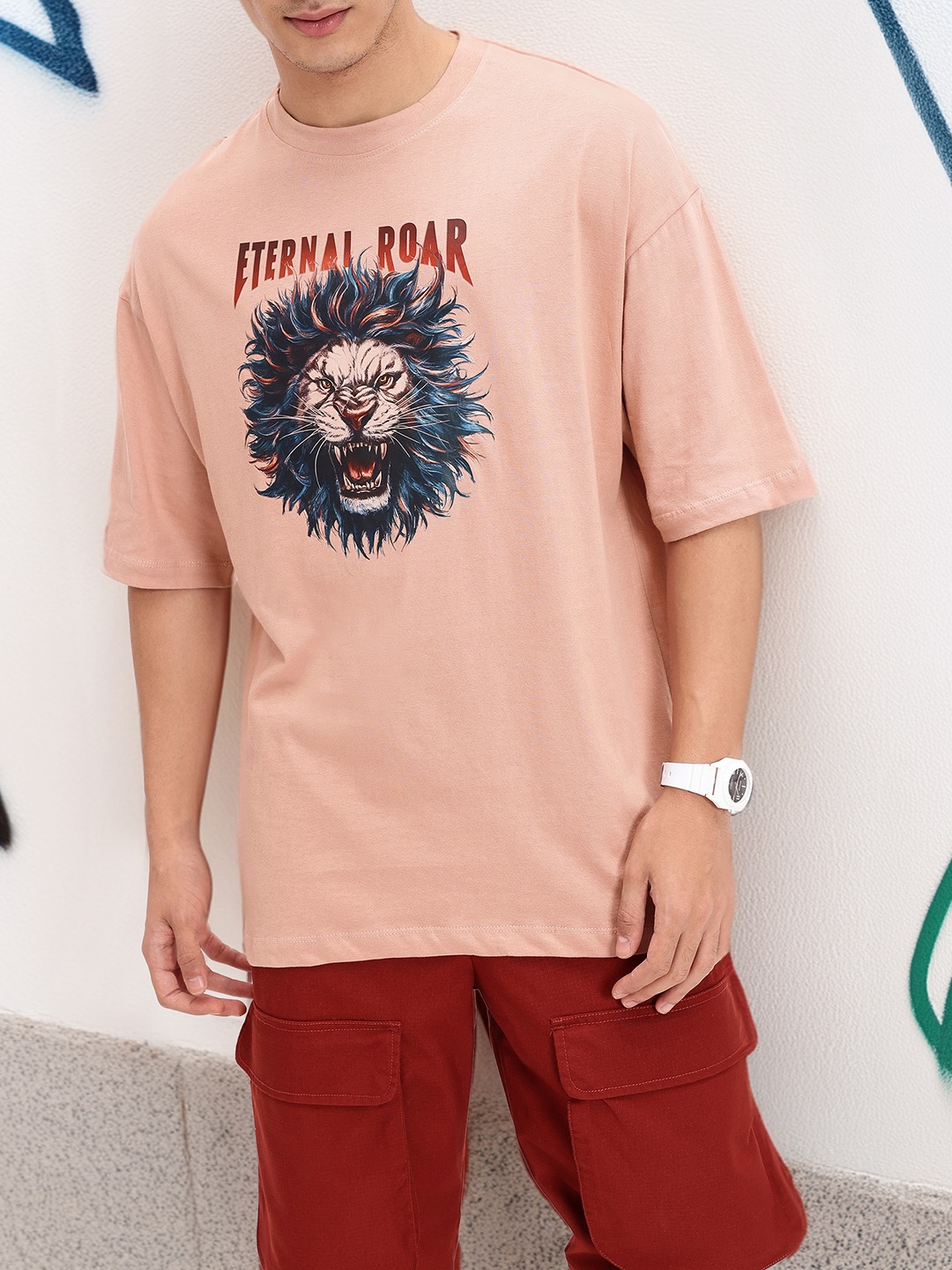 

Kook N Keech Majestic Roar Printed Oversized T-shirt, Coral