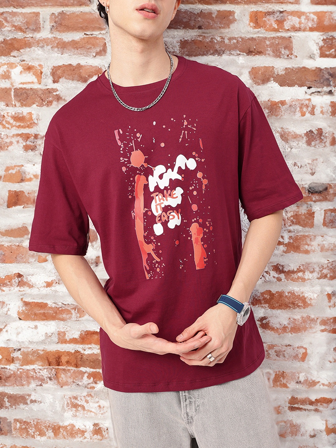 Kook N Keech Let Go Of Worries Printed Oversized T-shirt, Maroon