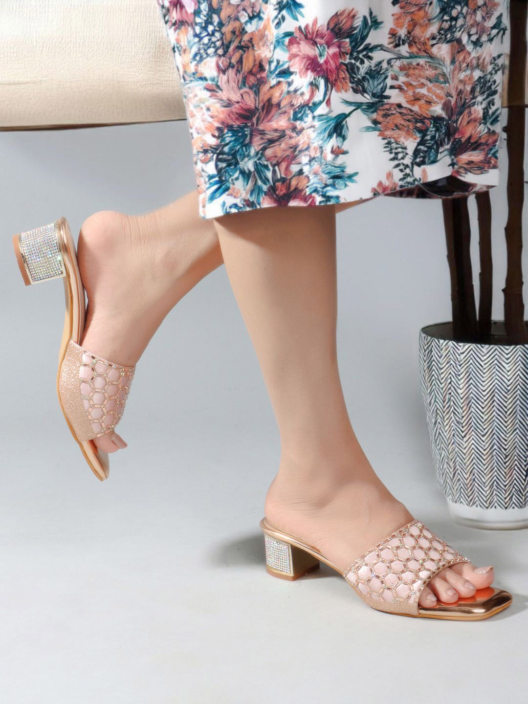 

Carlton London Embellished Open Toe Block Heels, Rose gold