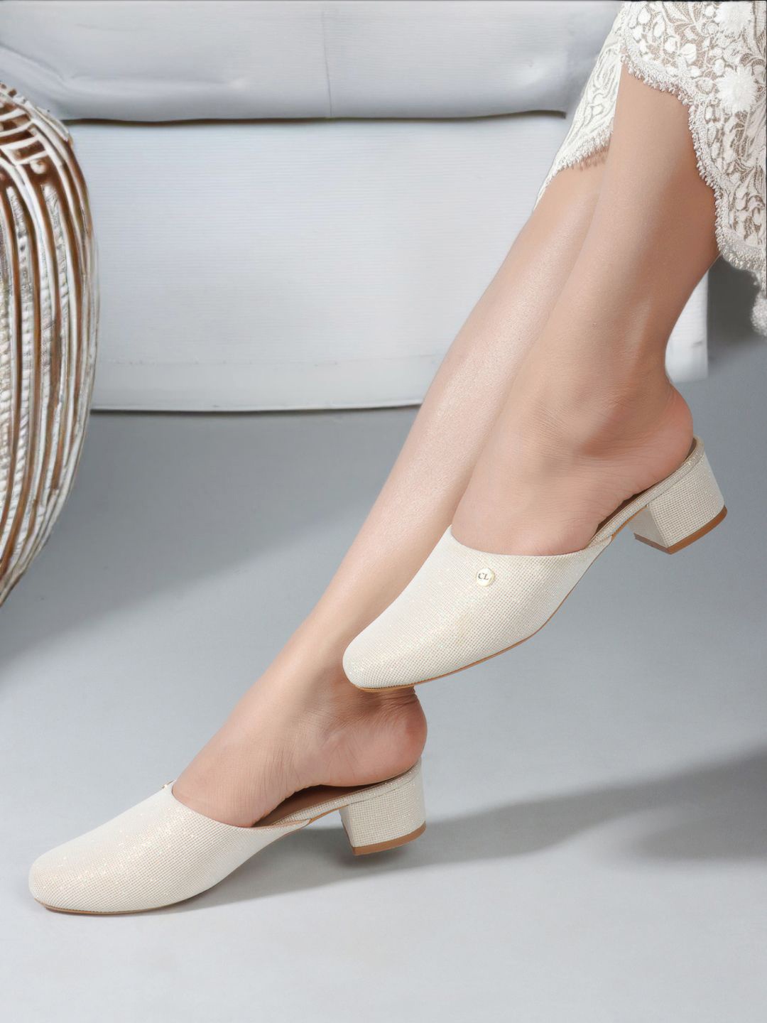 

Carlton London Textured Round Toe Block Heeled Mules, Cream