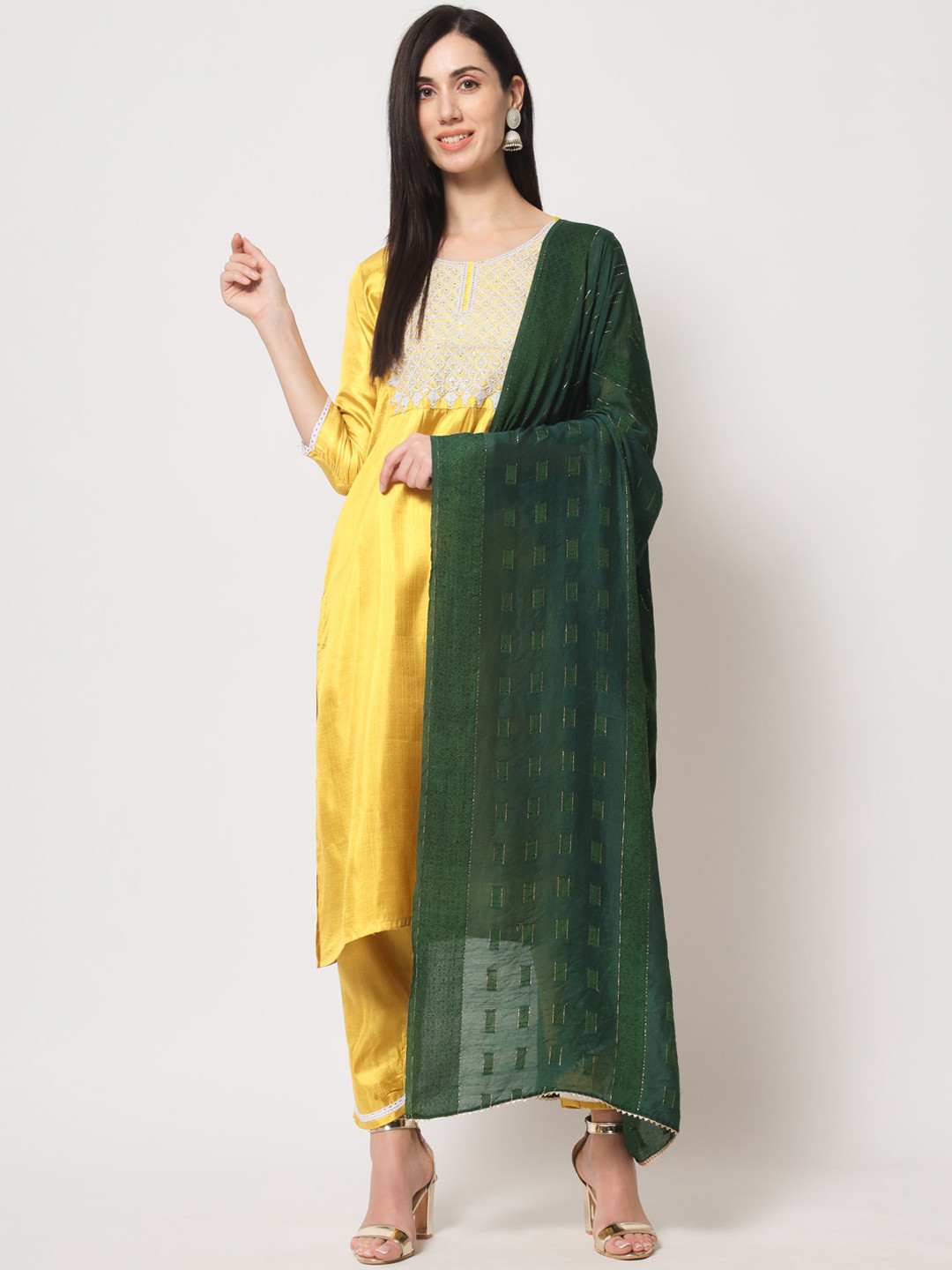 

BAESD Ethnic Motifs Yoke Design Round Neck Straight Kurta with Palazzos & Dupatta, Yellow