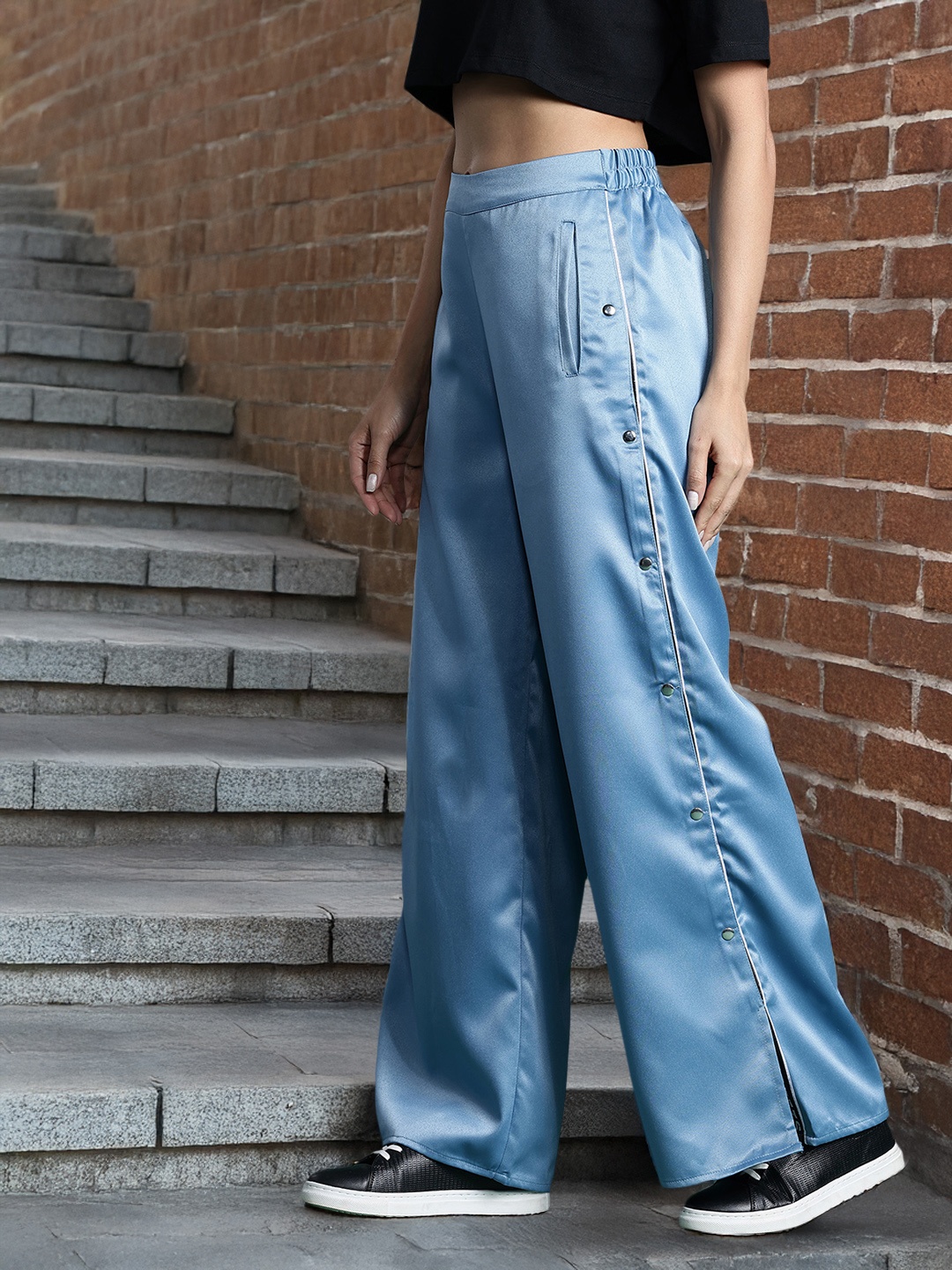 

DressBerry Women Satin Trousers with Slit-Detail, Blue