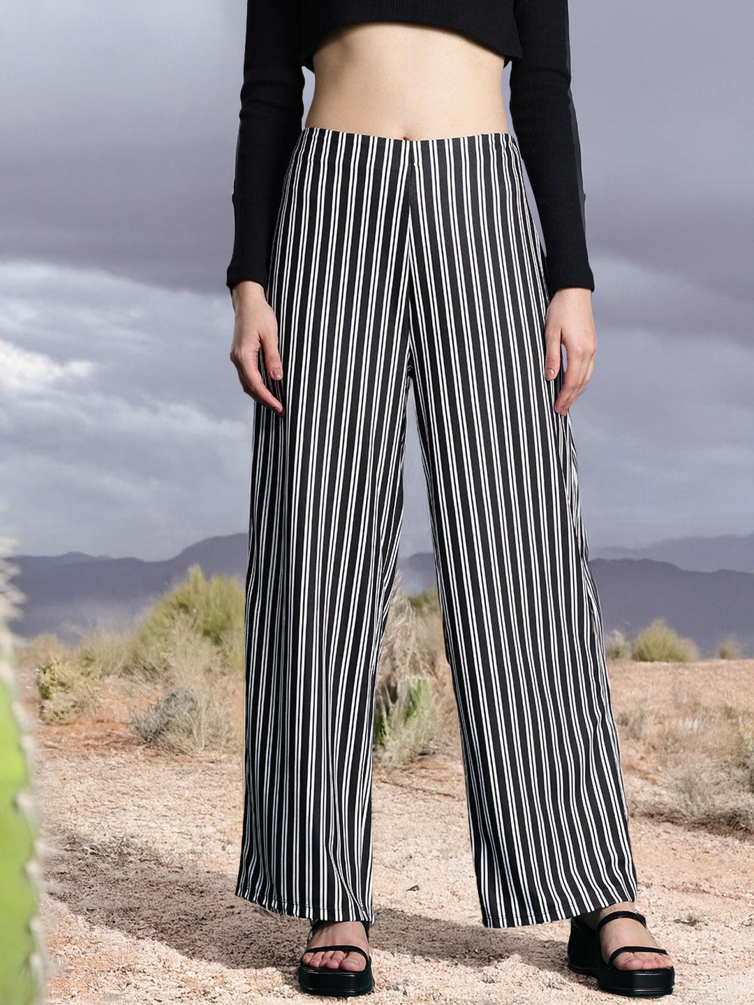 

DressBerry Bizwear Women High-Rise Striped Trousers, Black