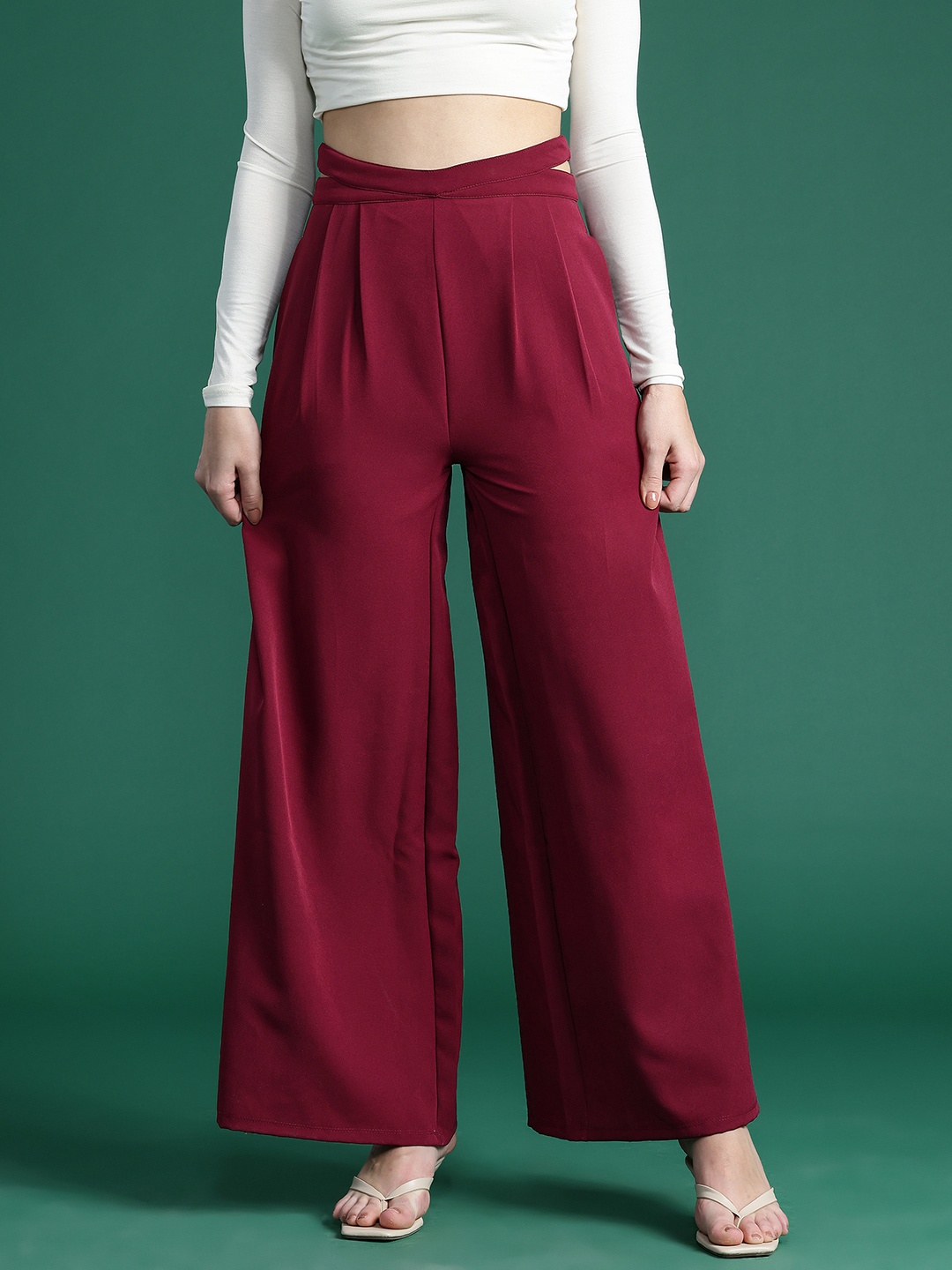 

DressBerry Bizwear Women Regular-Fit Pleated Parallel Trousers, Maroon