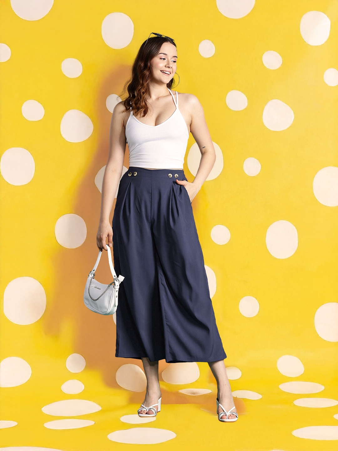 

DressBerry Bizwear High-Rise Pleated Trousers, Navy blue
