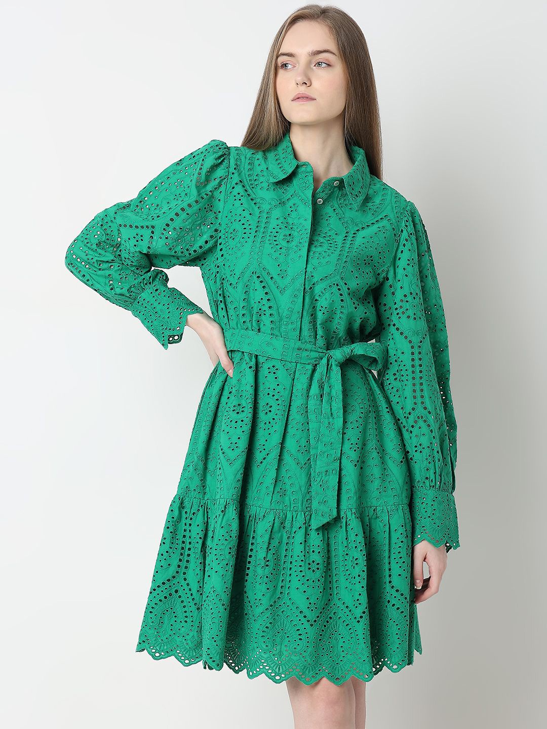 

Vero Moda Schiffli Self Design Shirt Collar Cuffed Sleeves Pure Cotton A-Line Midi Dress, Green