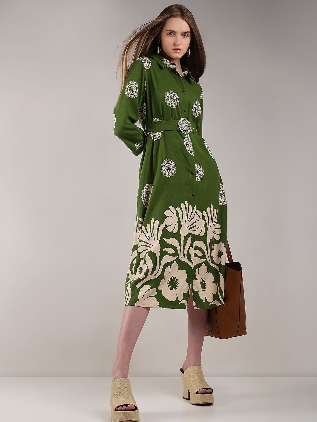 

Vero Moda Floral Print Shirt Collar A-Line Midi Dress, Green