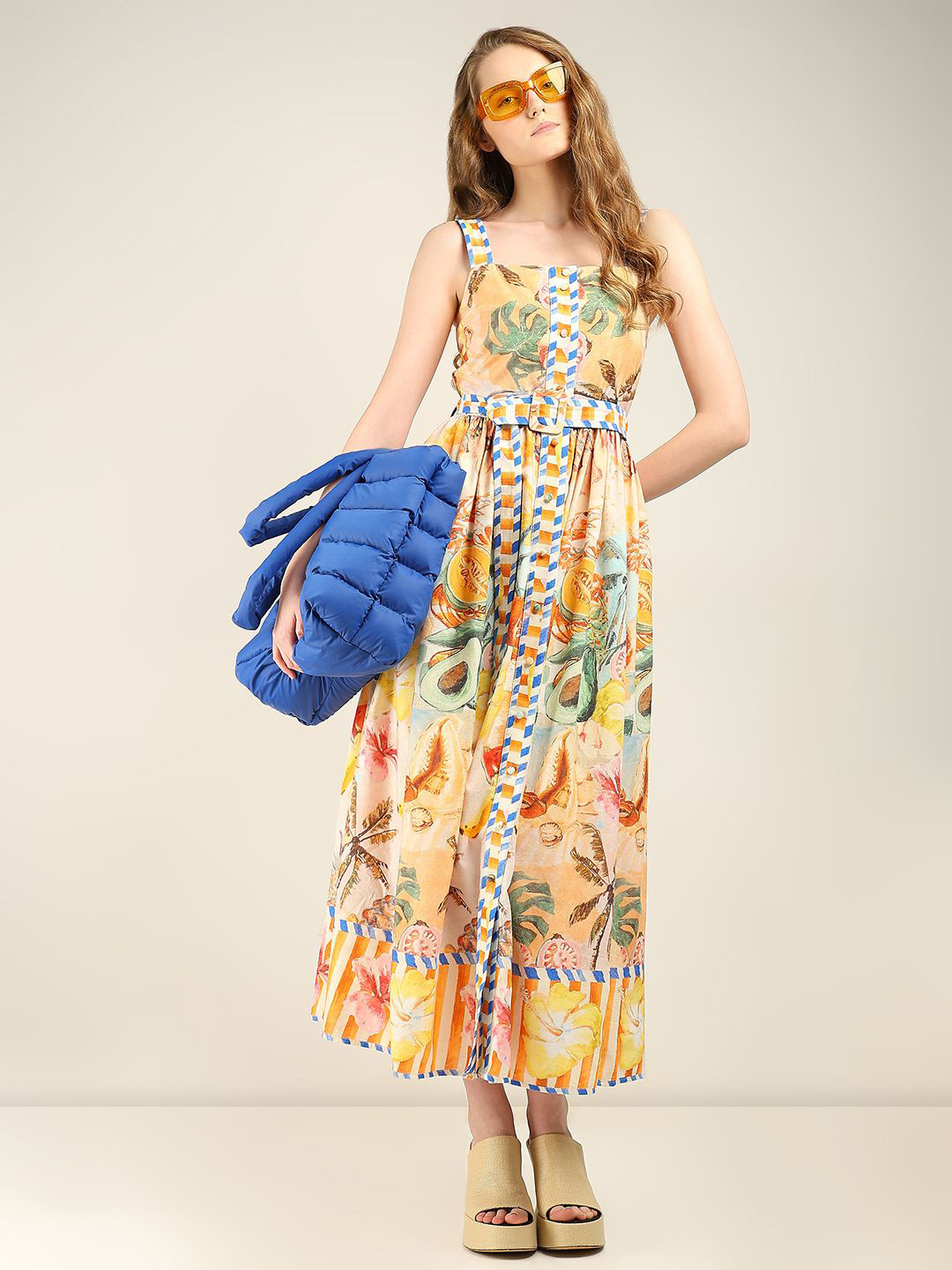 

Vero Moda Women Floral Printed Shoulder Straps Gathered Detailed Fit & Flare Midi Dress, Yellow