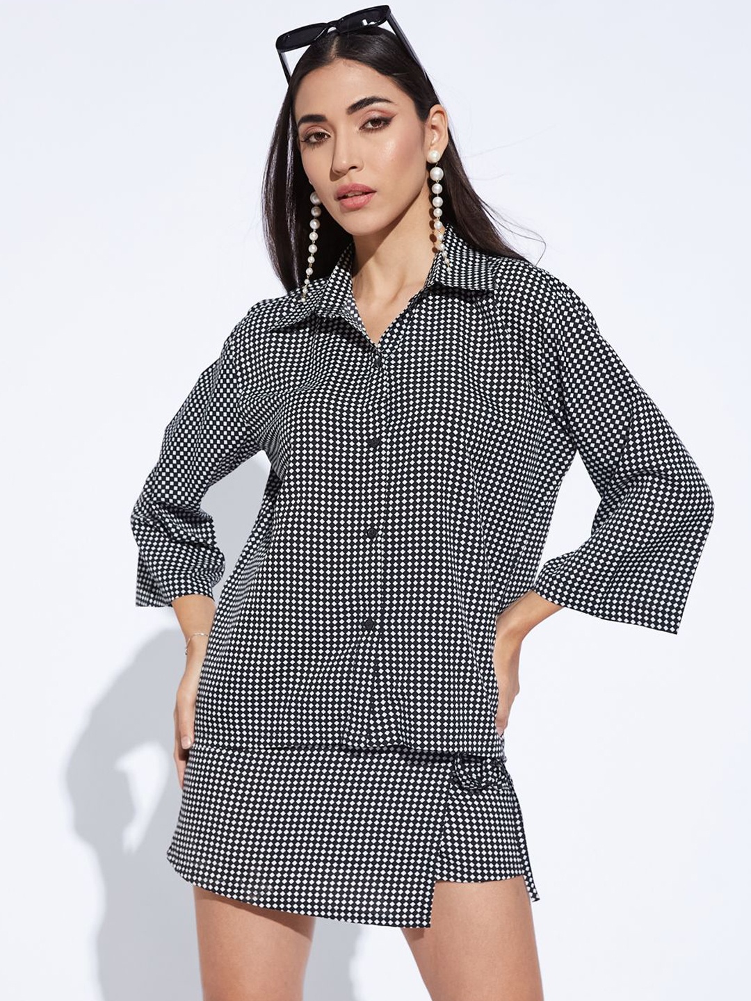 

DEPANO Checked Three-Quarter Sleeves Shirt With Skirt, Black