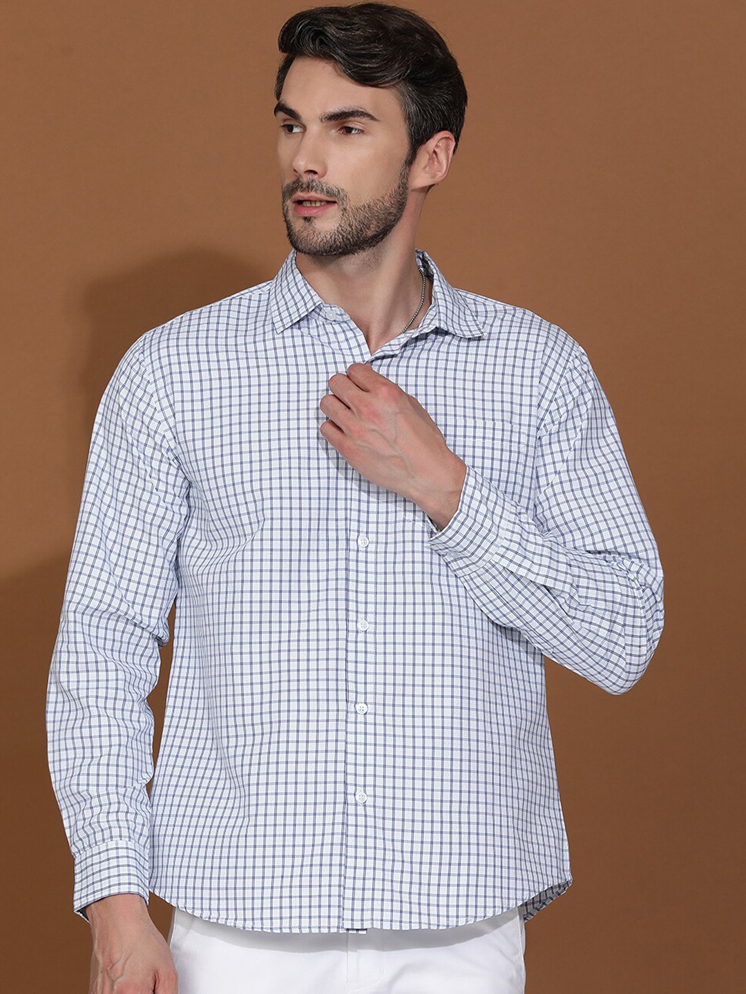 

Kotty New Grid Tattersall Checks Spread Collar Casual Shirt, White