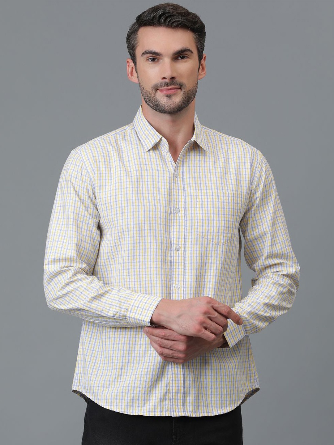 

Kotty White & Yellow New Checked Spread Collar Casual Shirt