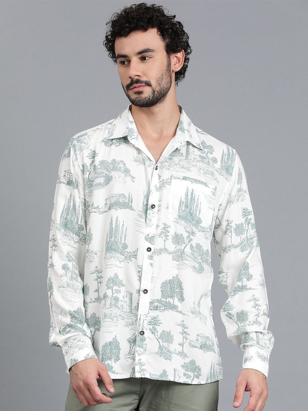 

Kotty New Relaxed Fit Abstract Printed Cutaway Collar Casual Shirt, Grey