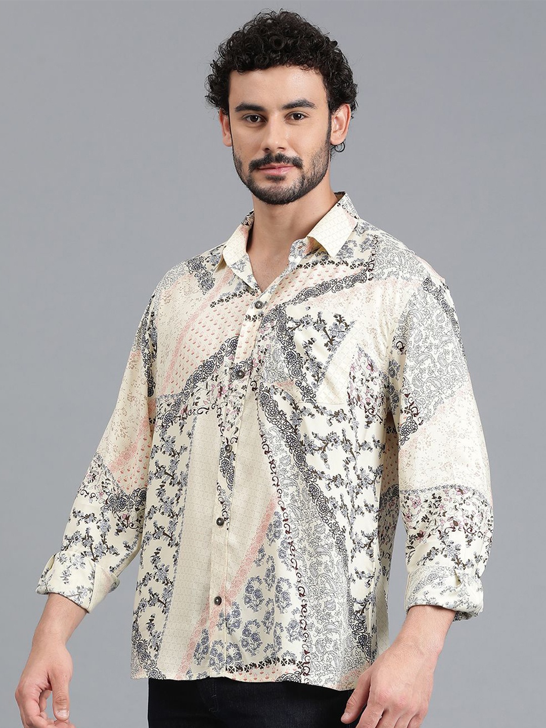 

Kotty New Relaxed Fit Abstract Printed Spread Collar Casual Shirt, Grey