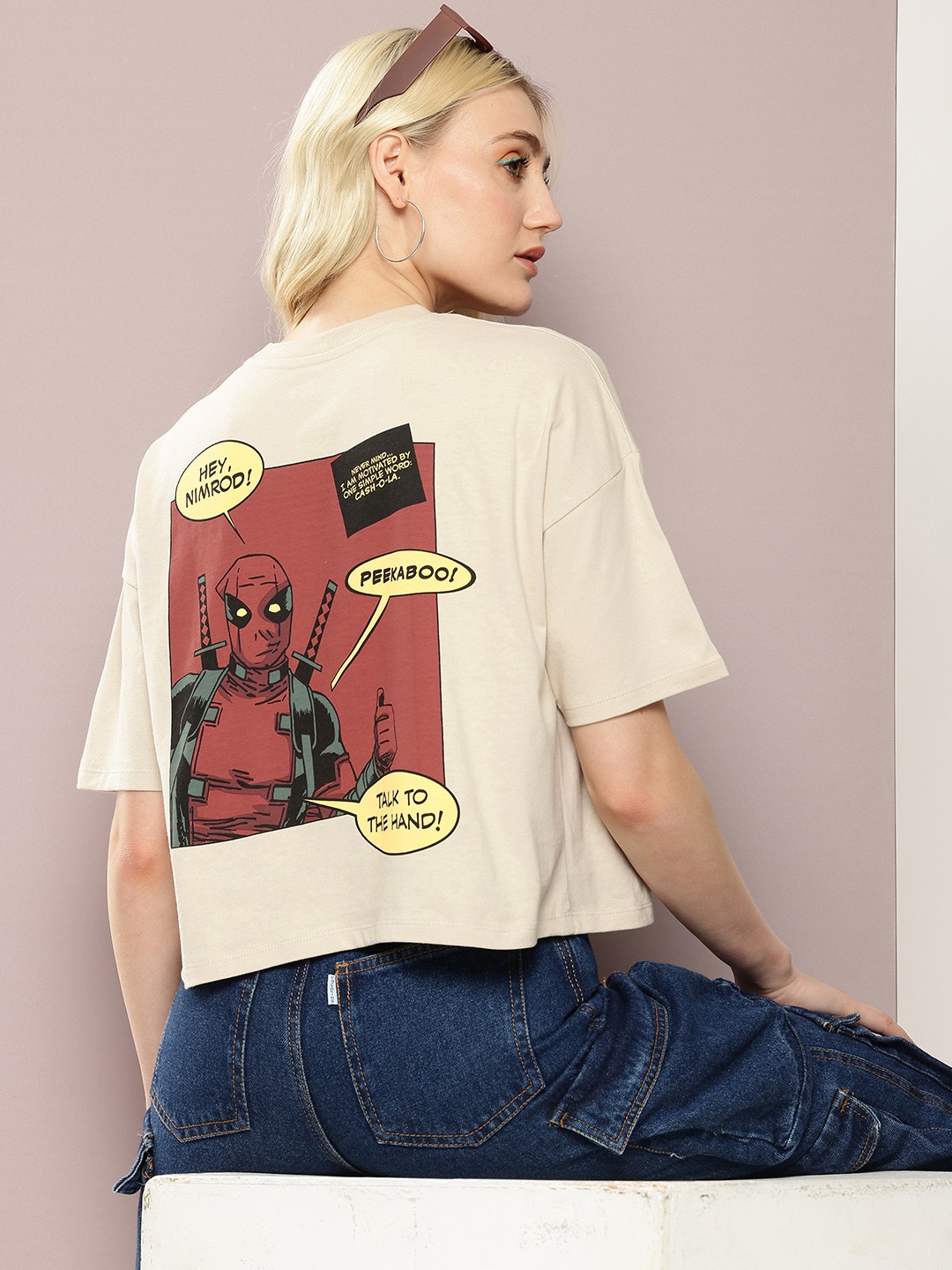 Kook N Keech Marvel Superman Printed Drop-Shoulder Sleeves Crop Boxy T-shirt, Cream