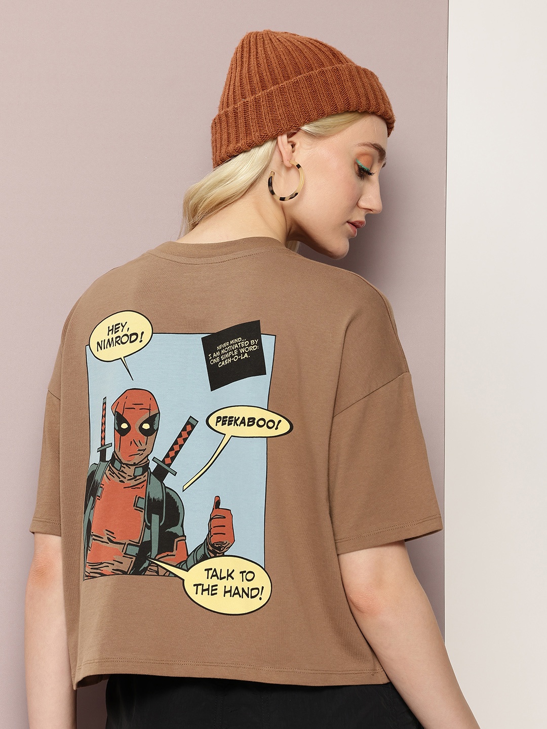 

Kook N Keech Marvel Deadpool Printed Drop-Shoulder Sleeves Crop Boxy T-shirt, Khaki