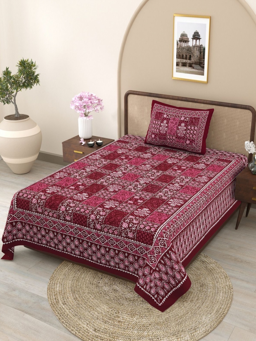 

SHOOLIN Maroon Floral 144 TC Single Bedsheet with 2 Pillow Covers