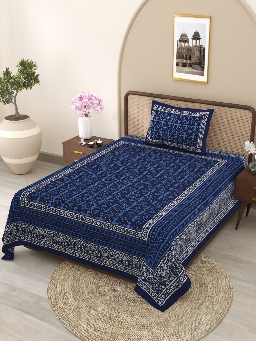 

SHOOLIN Blue Ethnic Motifs 144 TC Cotton Single Bedsheet with 1 Pillow Covers