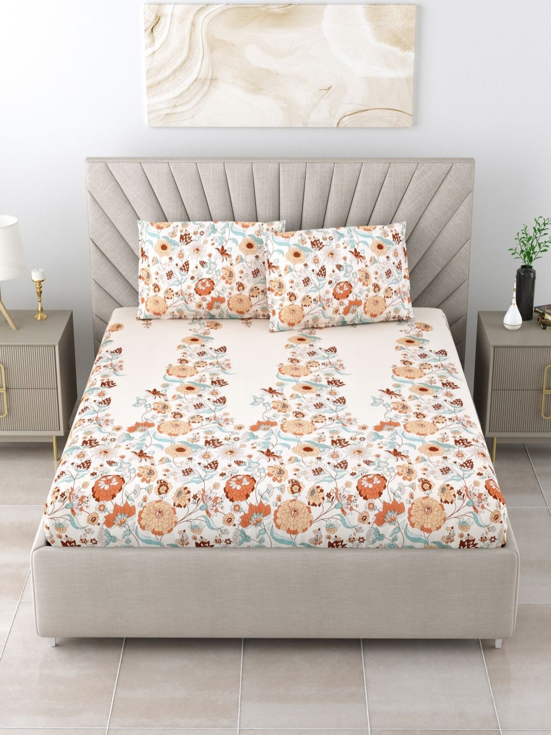 

BOMBAY DYEING Brown & Off White Floral 210 TC King Bedsheet with 2 Pillow Covers