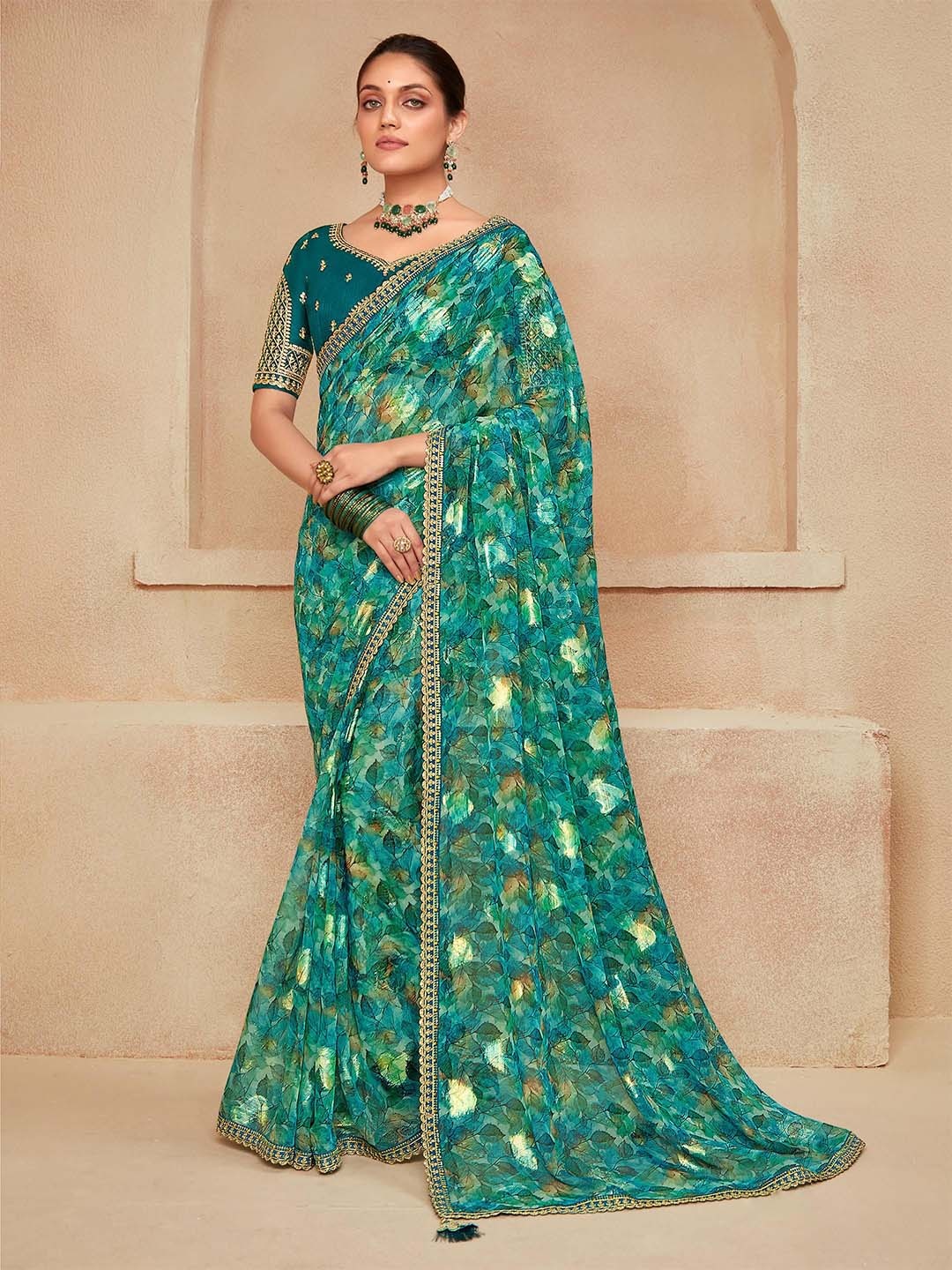 

ALAGINI Embellished Pure Georgette Saree, Sea green