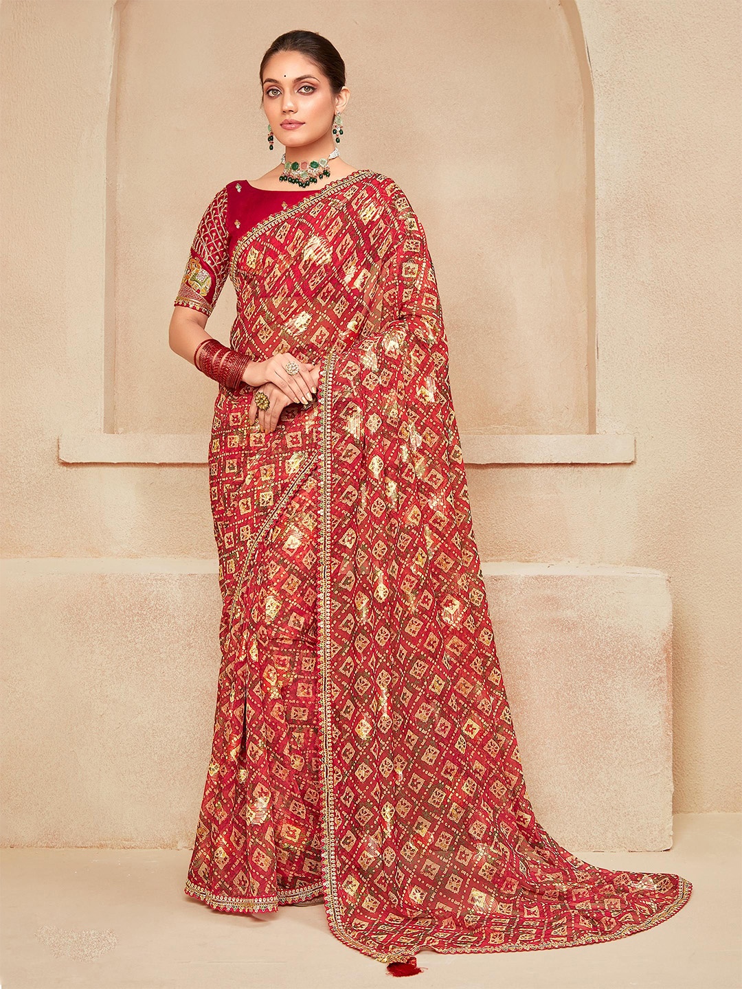 

ALAGINI Bandhani Zari Pure Georgette Bandhani Saree, Red