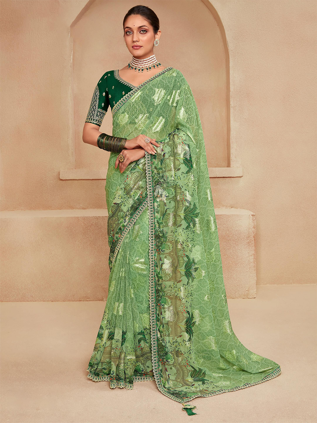 

ALAGINI Ethnic Motifs Zari Pure Georgette Saree, Green