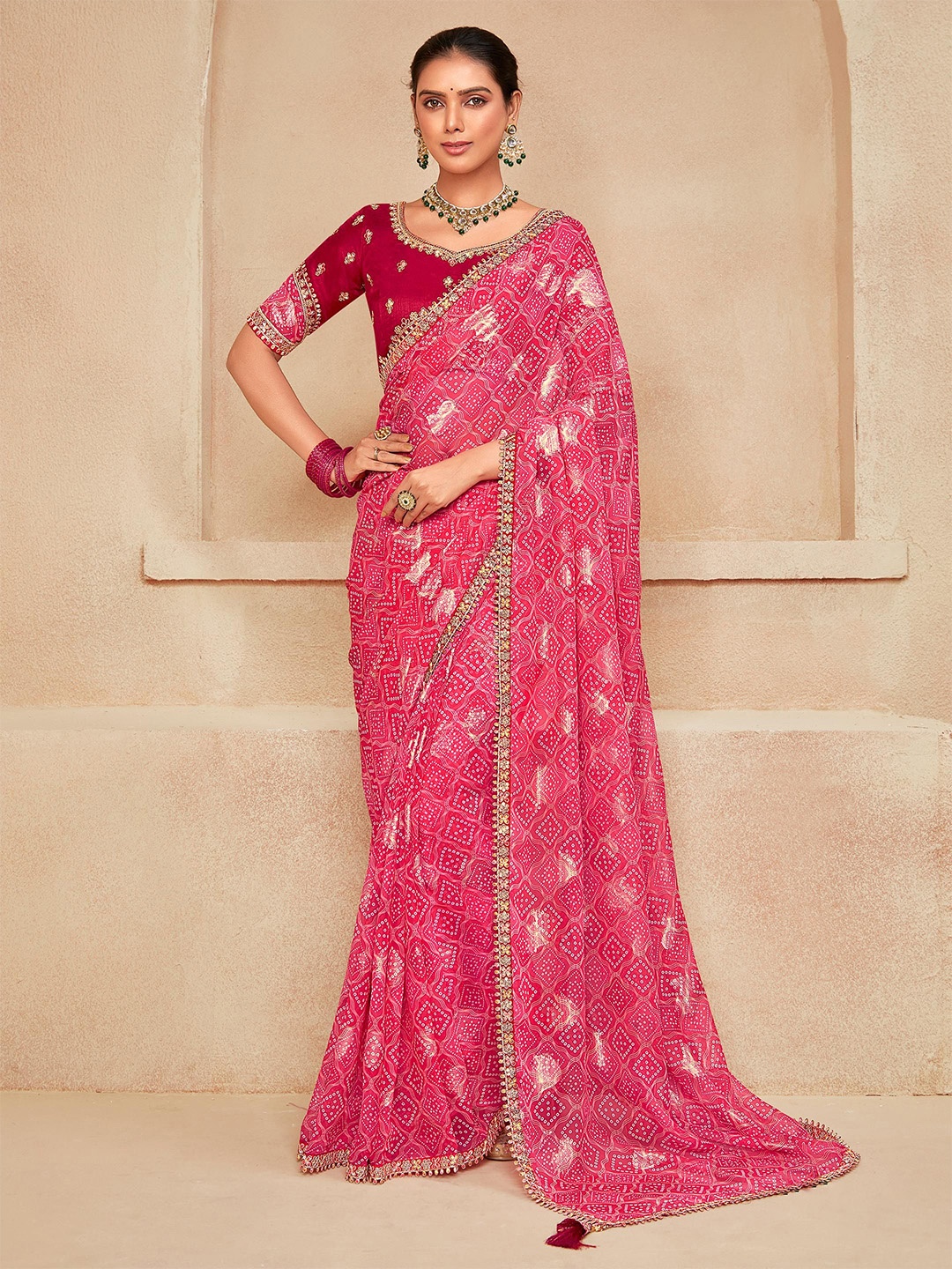 

ALAGINI Bandhani Zari Pure Georgette Saree, Coral