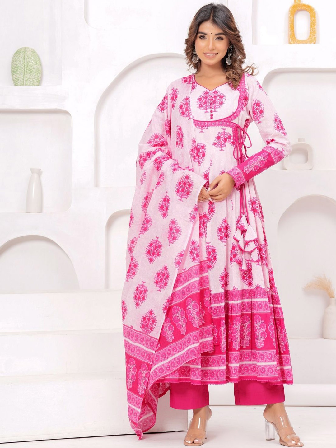 

KALINI Women Floral Printed Angrakha Beads and Stones Pure Cotton Kurta with Trousers & With Dupatta, Pink