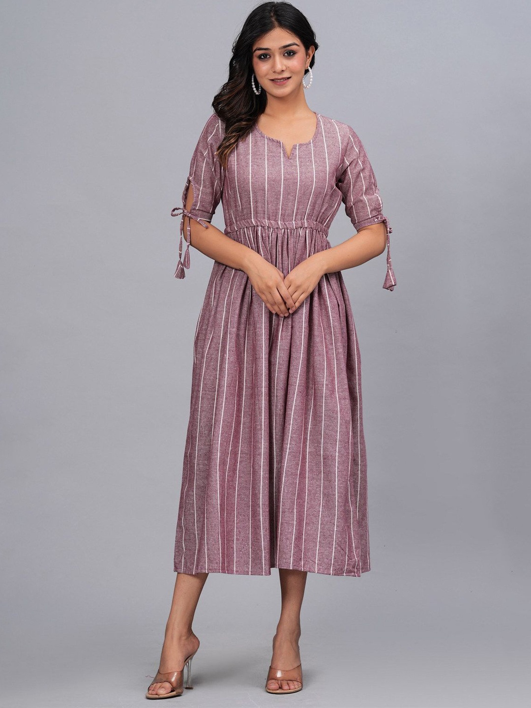 

SARAI CREATIONS Striped Notch Neck Gathered Cotton Midi Fit & Flare Dress, Rose gold