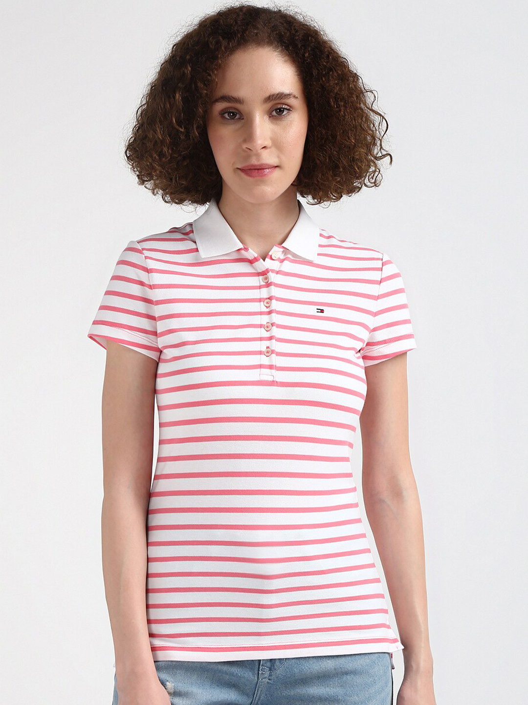 

Tommy Hilfiger Striped Polo Collar Cotton Slim Fit T-shirt, Pink